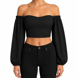SZN Linen Off-Shoulder Puff Top - Black - Model