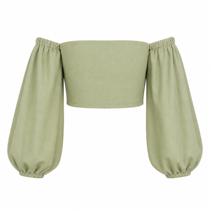 SZN Linen Off-Shoulder Puff Top - Sage Green - Back