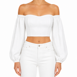 SZN Linen Off-Shoulder Puff Top - White - Model