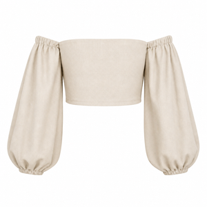 SZN Linen Off-Shoulder Puff Top - Beige - Back