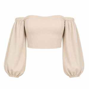 SZN Linen Off-Shoulder Puff Top - Beige - Front