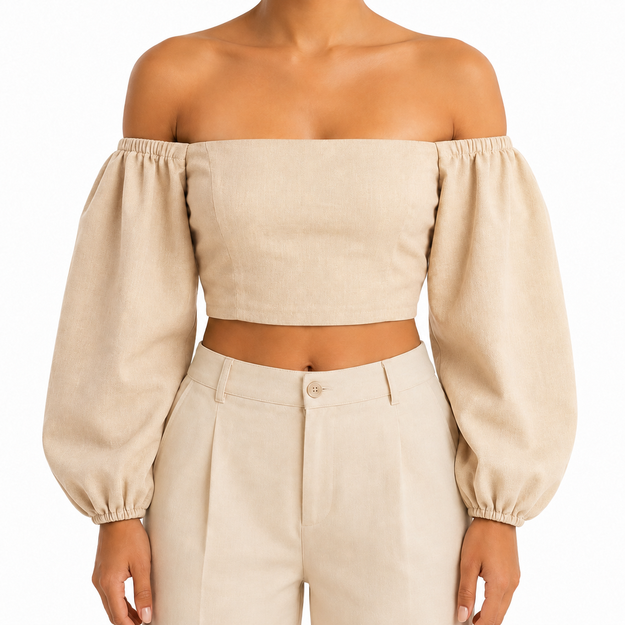 SZN Linen Off-Shoulder Puff Top - Beige - Model