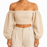 SZN Linen Off-Shoulder Puff Top - Beige - Model