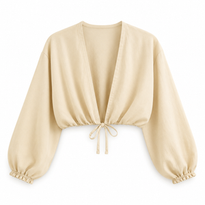 SZN Linen Tie-Front Crop Top - Beige - Front