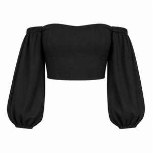 SZN Linen Off-Shoulder Puff Top - Black - Front