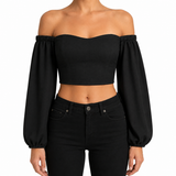 SZN Linen Off-Shoulder Puff Top - Black - Model