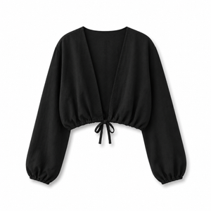 SZN Linen Tie-Front Crop Top - Black - Front