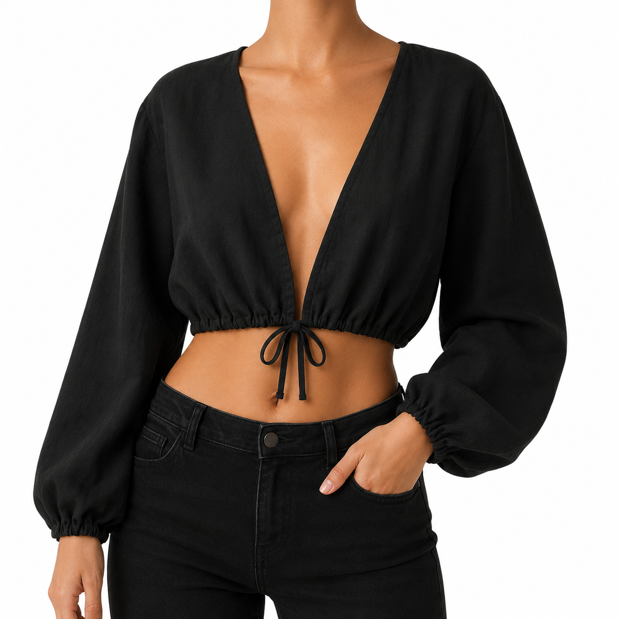 SZN Linen Tie-Front Crop Top - Black - Model