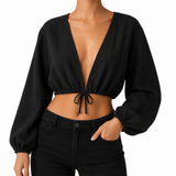 SZN Linen Tie-Front Crop Top - Black - Model