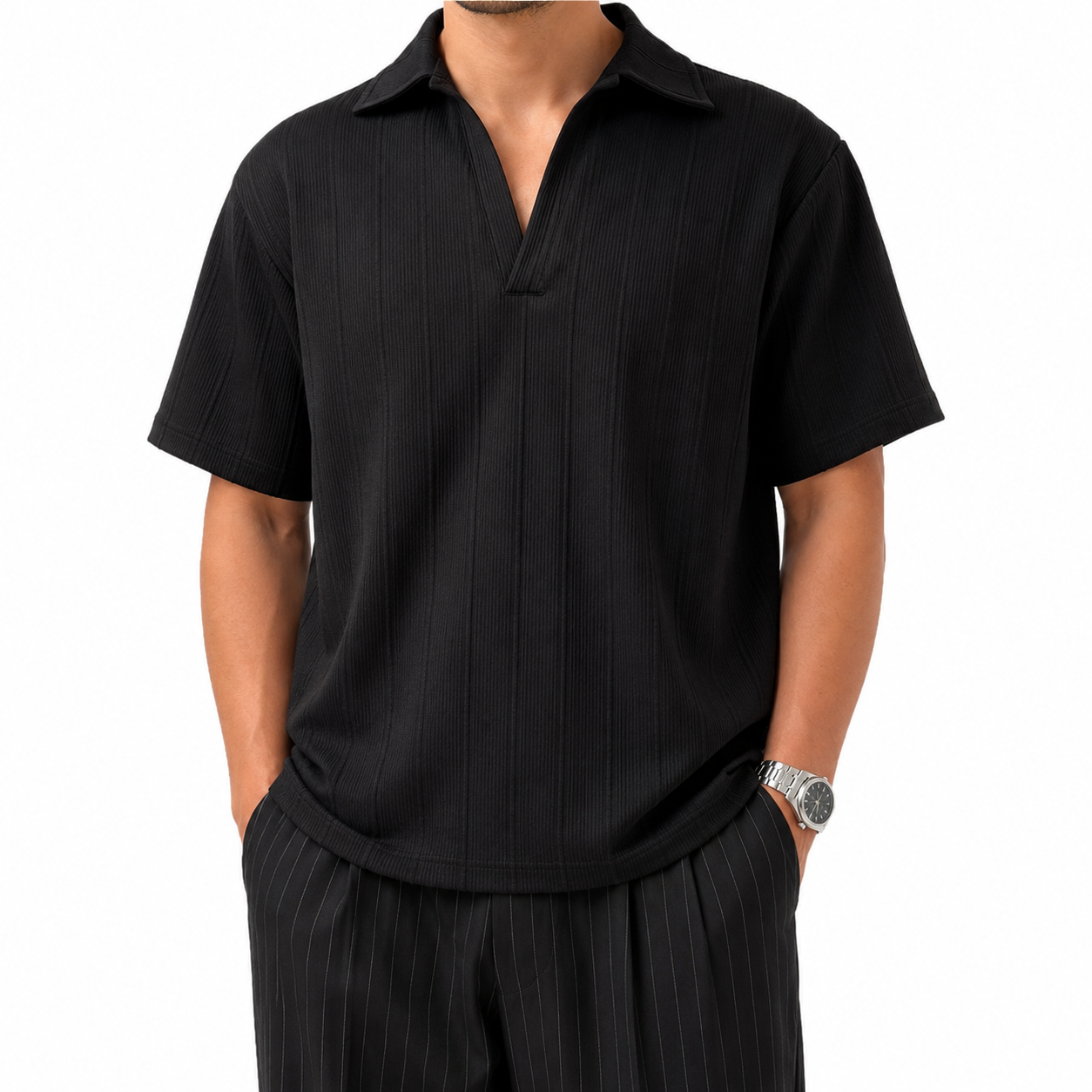 SZN Ribbed Open-Collar Polo - Black - Model