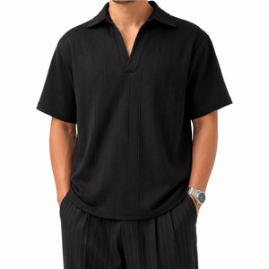 SZN Ribbed Open-Collar Polo - Black - Model