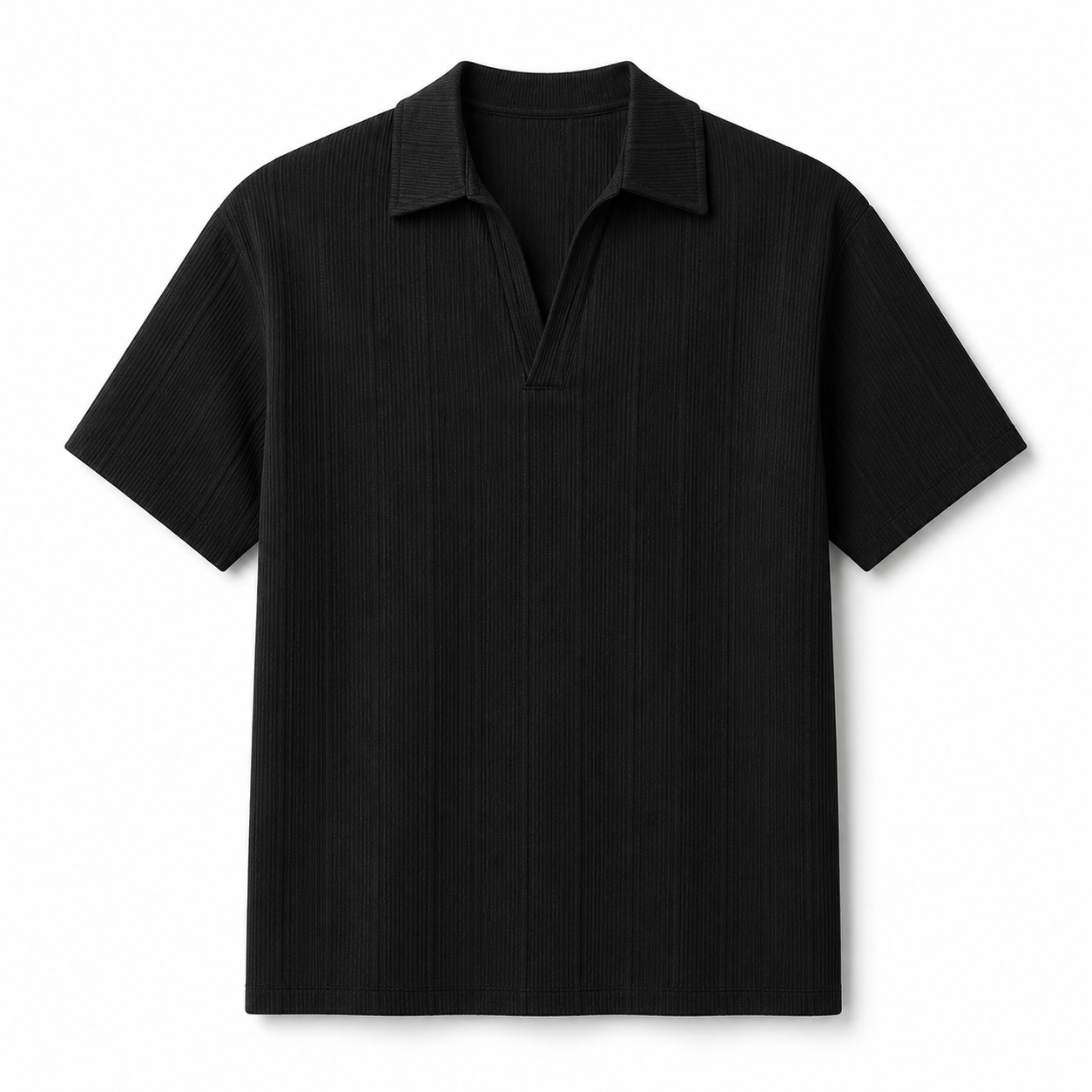 SZN Ribbed Open-Collar Polo - Black - Front