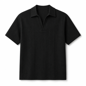 SZN Ribbed Open-Collar Polo - Black - Front