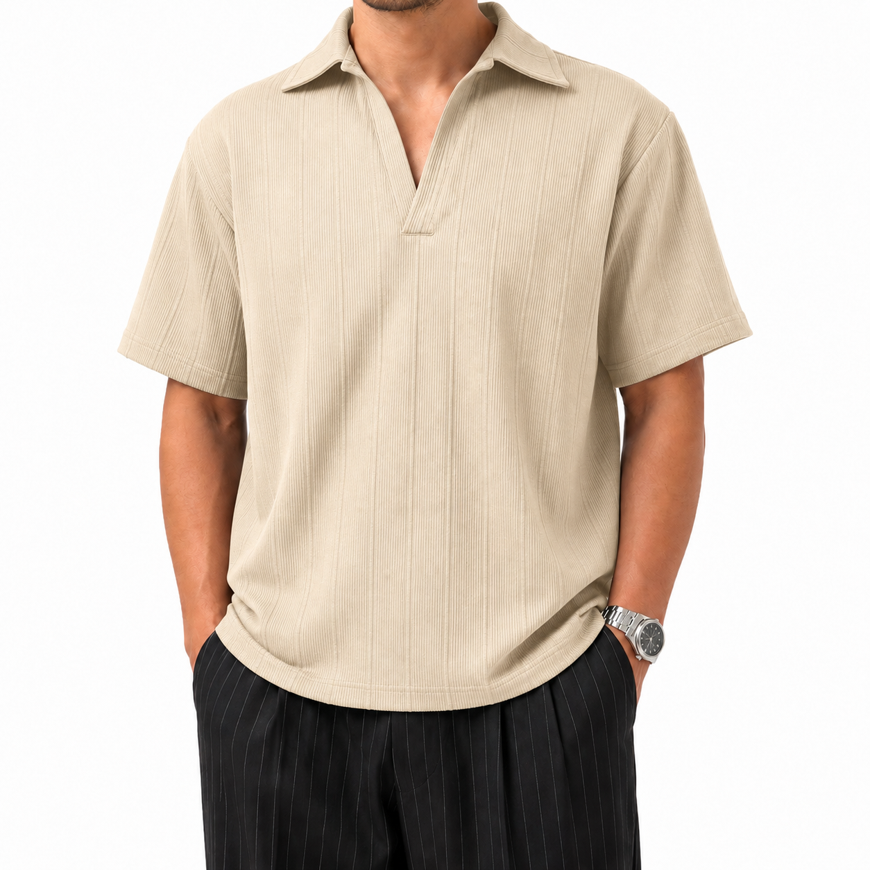 SZN Ribbed Open-Collar Polo - Beige - Model