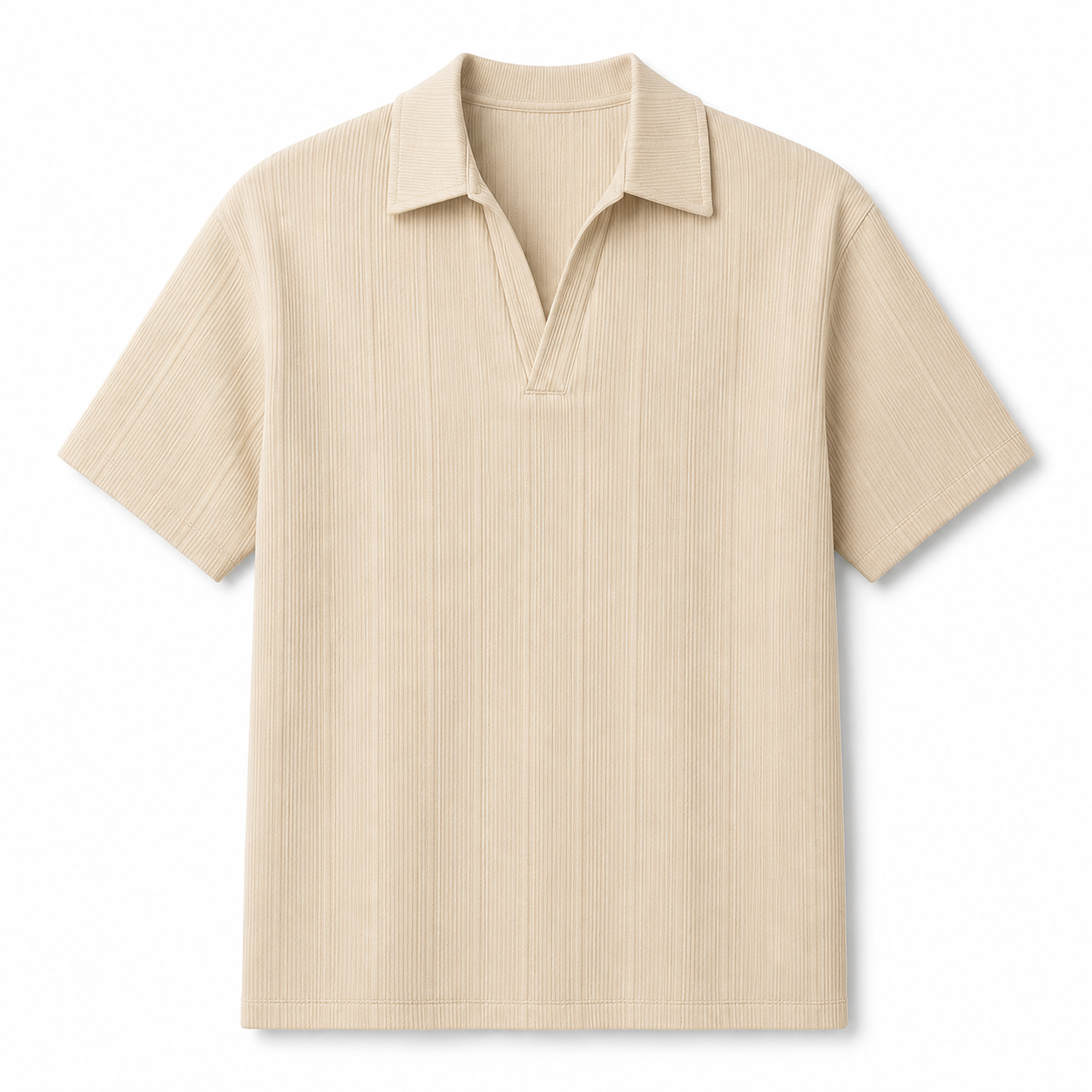 SZN Ribbed Open-Collar Polo - Beige - Front