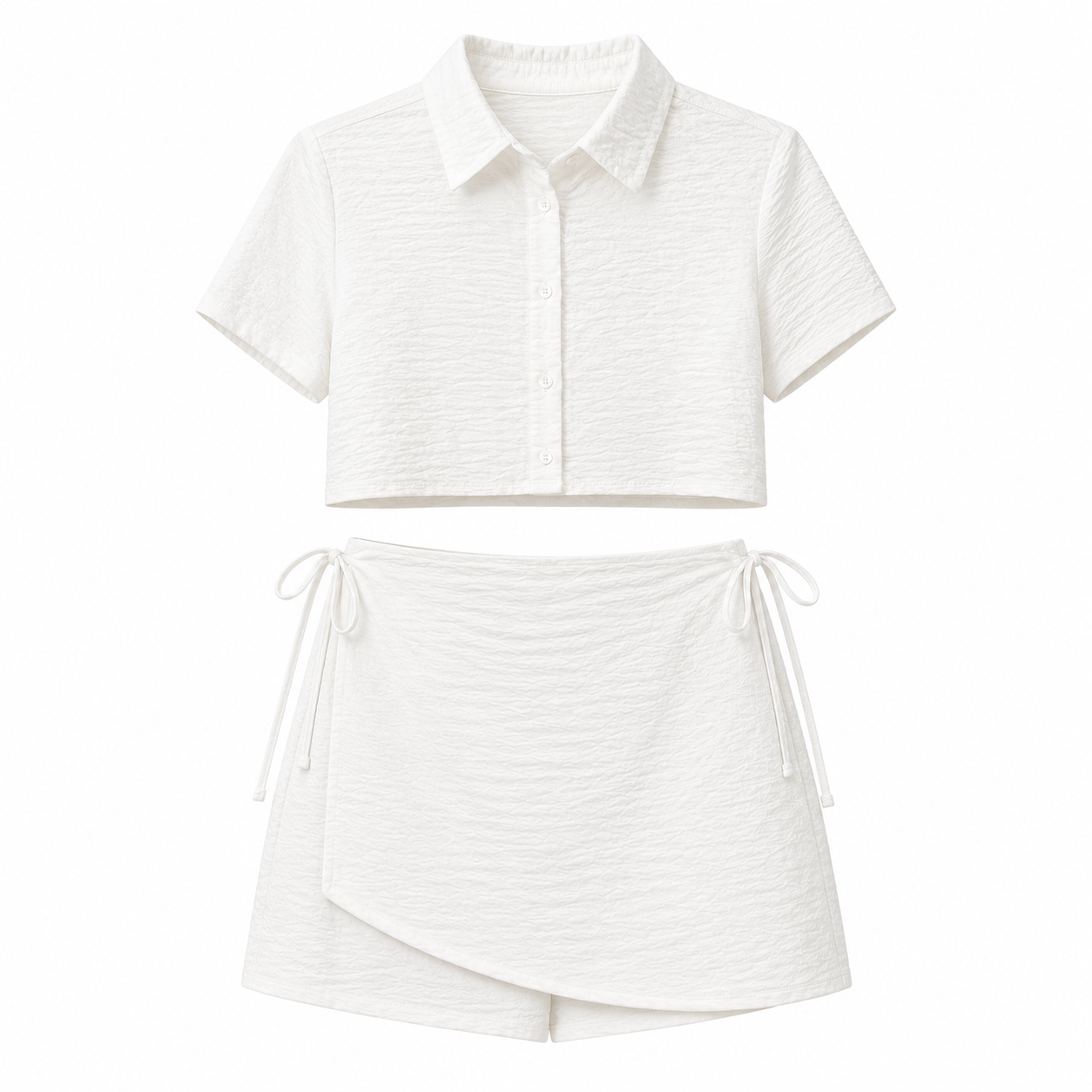 Textured Crop Shirt & Wrap Skort Set - White - Front
