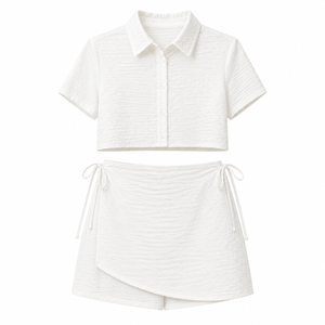 Textured Crop Shirt & Wrap Skort Set - White - Front