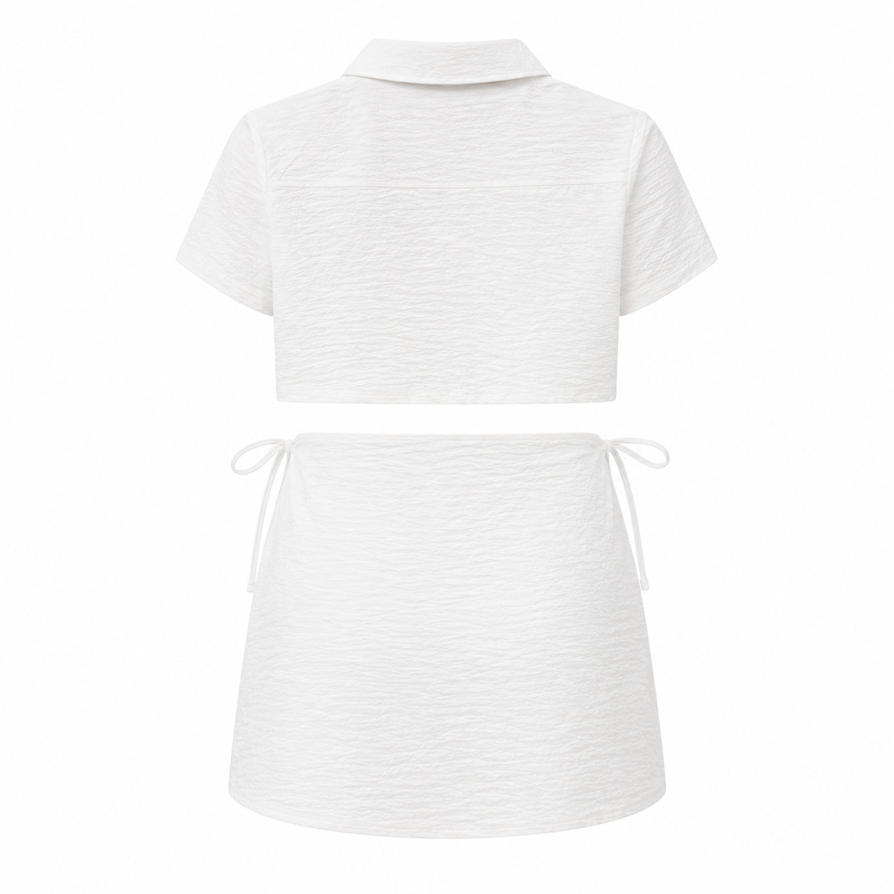 Textured Crop Shirt & Wrap Skort Set - White - Back