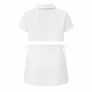 Textured Crop Shirt & Wrap Skort Set - White - Back