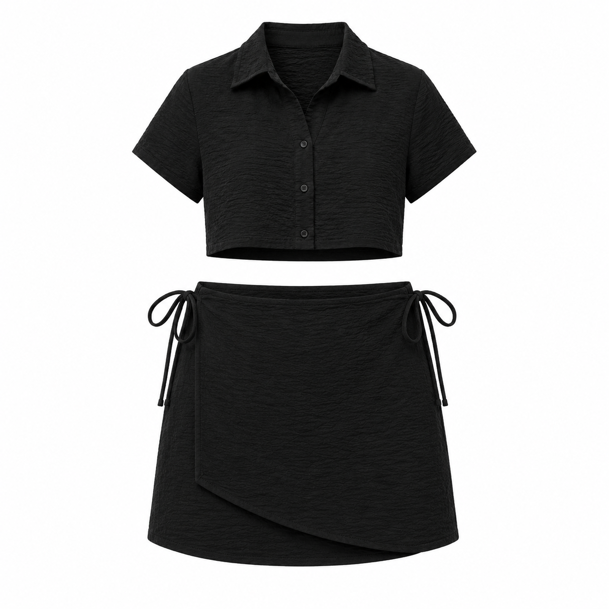 Textured Crop Shirt & Wrap Skort Set - Black - Front