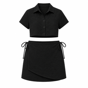 Textured Crop Shirt & Wrap Skort Set - Black - Front