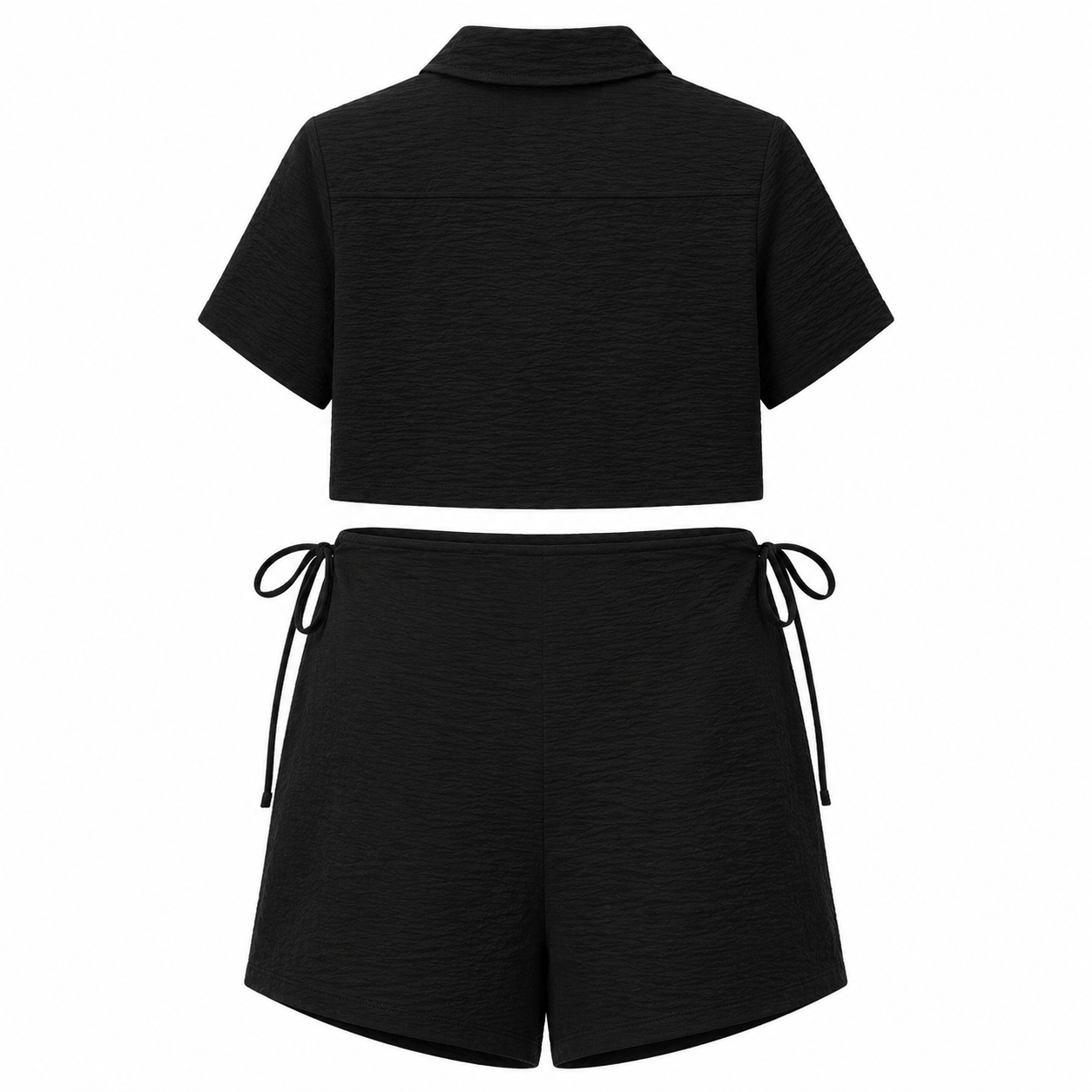 Textured Crop Shirt & Wrap Skort Set - Black - Back