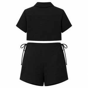 Textured Crop Shirt & Wrap Skort Set - Black - Back