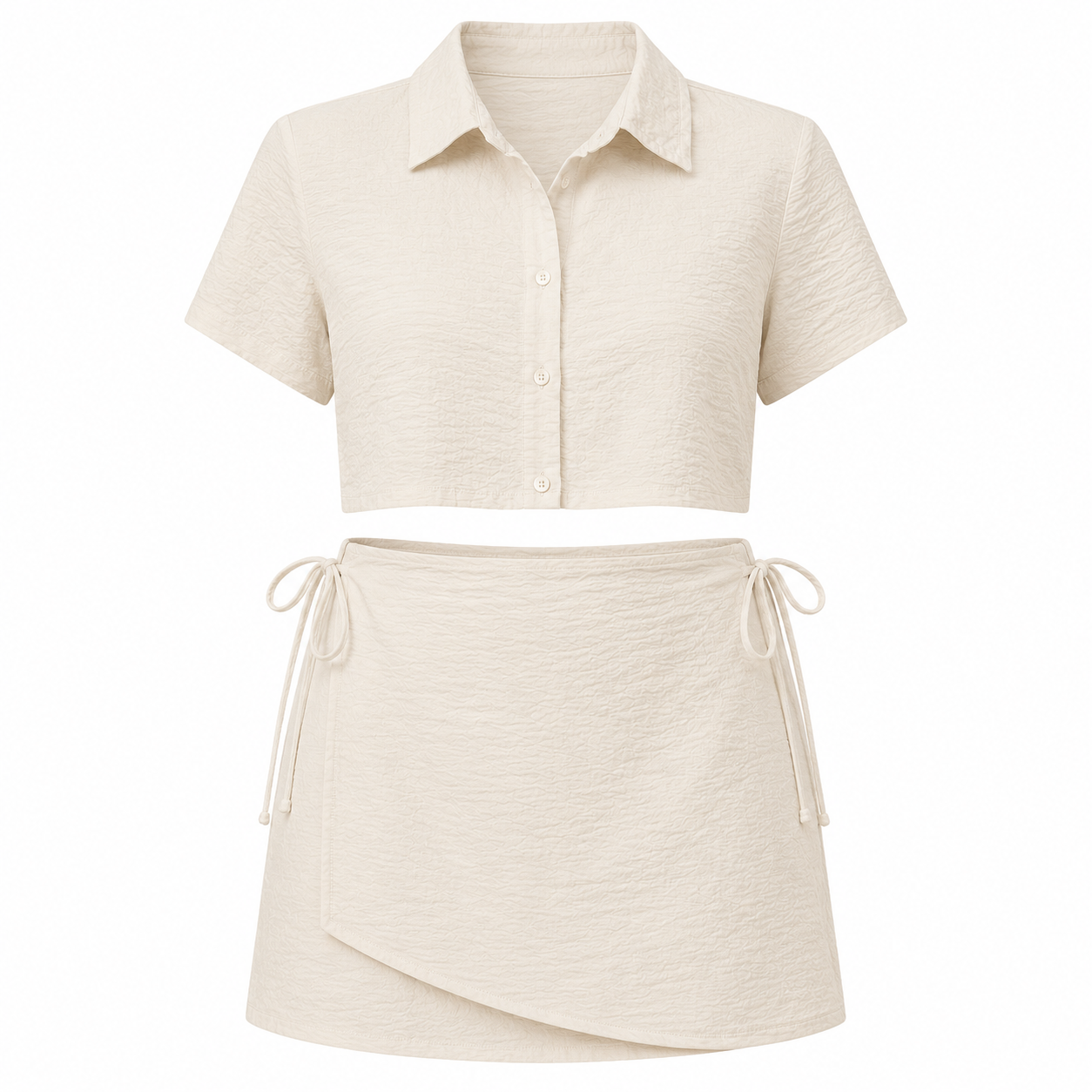 Textured Crop Shirt & Wrap Skort Set - Beige - Front