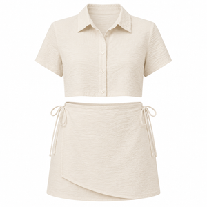 Textured Crop Shirt & Wrap Skort Set - Beige - Front