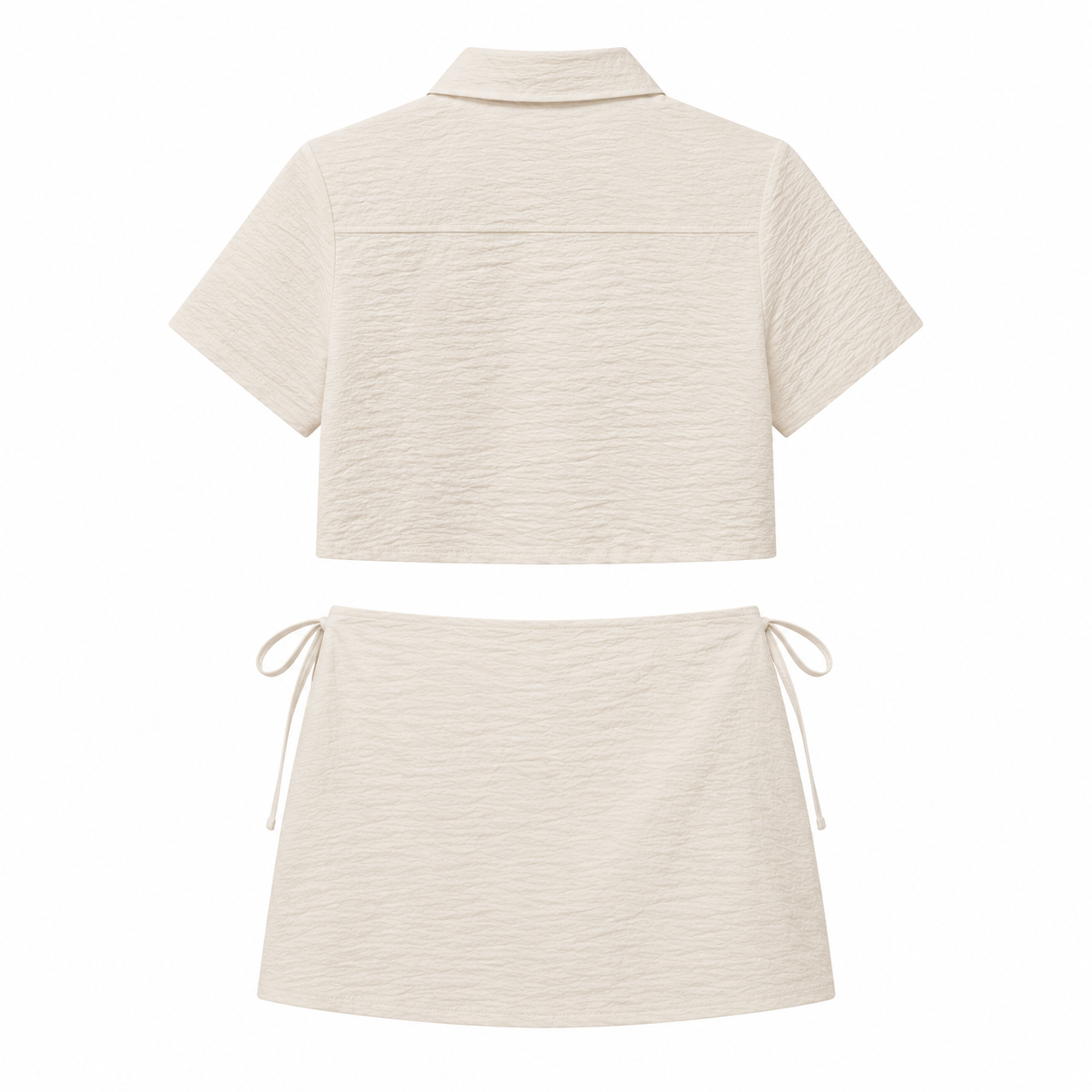 Textured Crop Shirt & Wrap Skort Set - Beige - Back