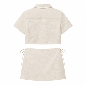 Textured Crop Shirt & Wrap Skort Set - Beige - Back