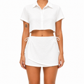 Textured Crop Shirt & Wrap Skort Set - White - Model
