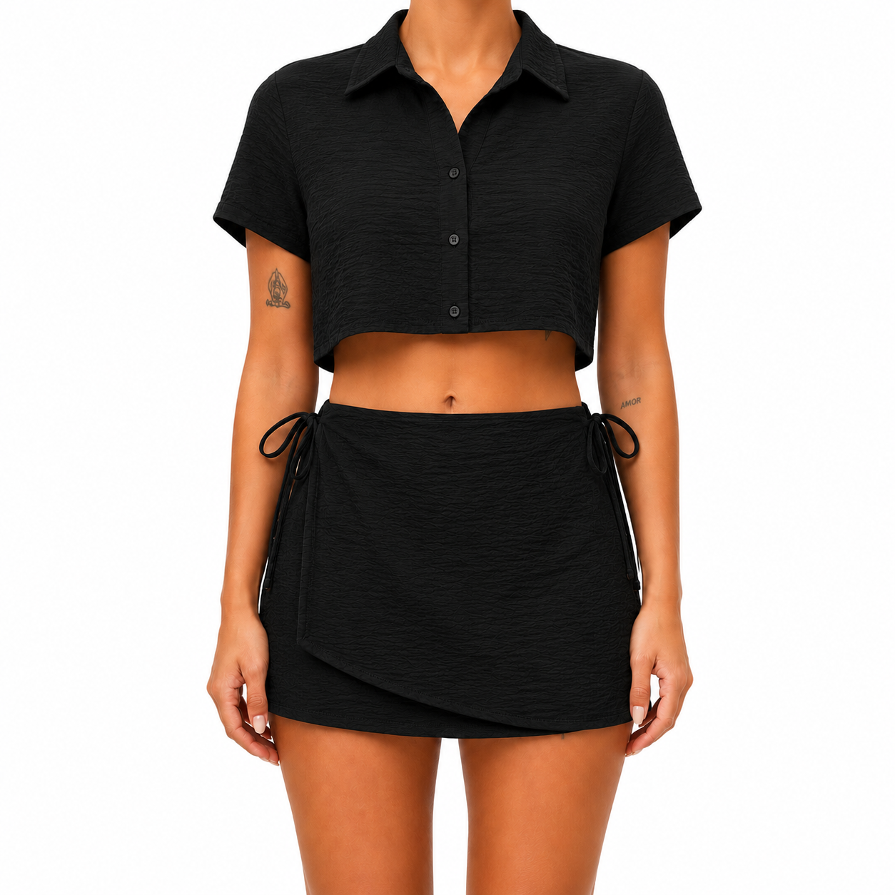 Textured Crop Shirt & Wrap Skort Set - Black - Model