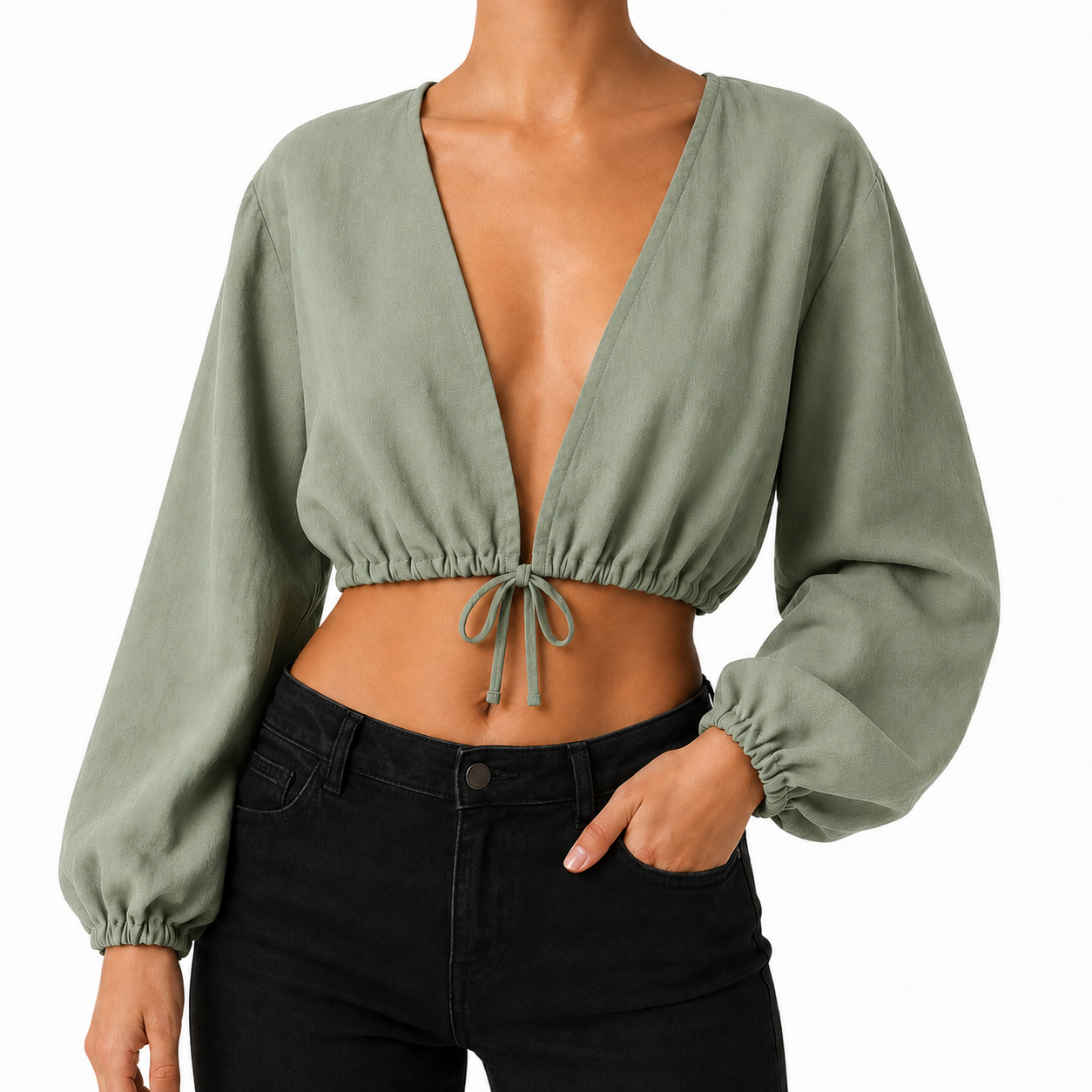 SZN Linen Tie-Front Crop Top - Sage Green - Model