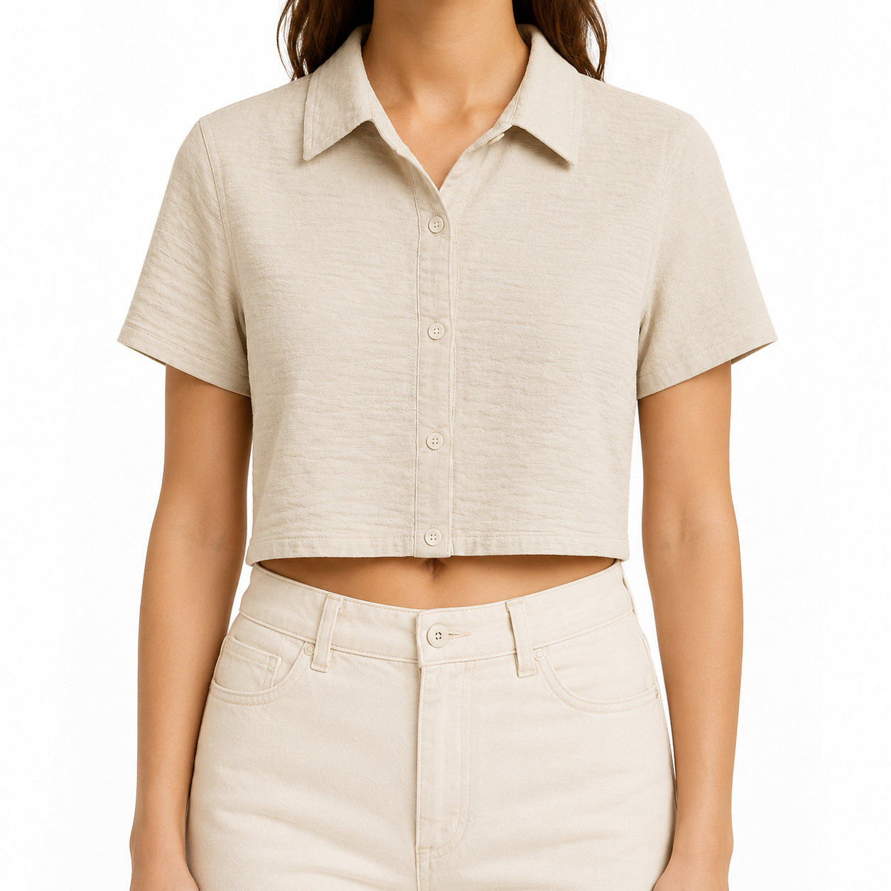 SZN Linen Cropped Button Shirt - Beige - Model