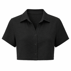 SZN Linen Cropped Button Shirt - Black - Front