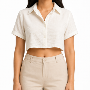 SZN Linen Cropped Button Shirt - White - Model