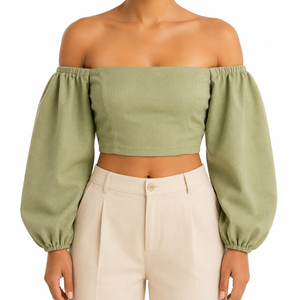 SZN Linen Off-Shoulder Puff Top - Sage Green - Model