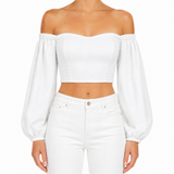 SZN Linen Off-Shoulder Puff Top - White - Model